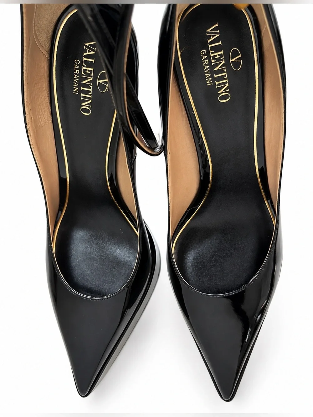 Valentino Black Patent Platform Pumps with Gold Logo Strap